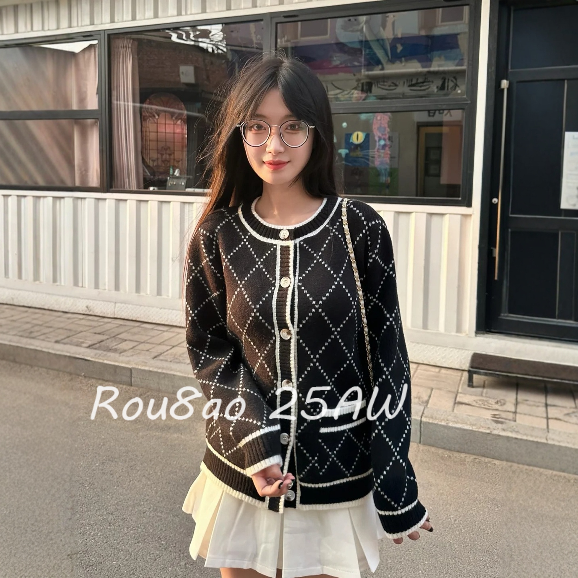 小香风慵懒风格纹针织开衫外套