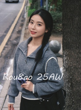 Rou8ao微胖大码女装韩系设计感半拉链灰色毛衣胖mm遮肉显瘦上衣