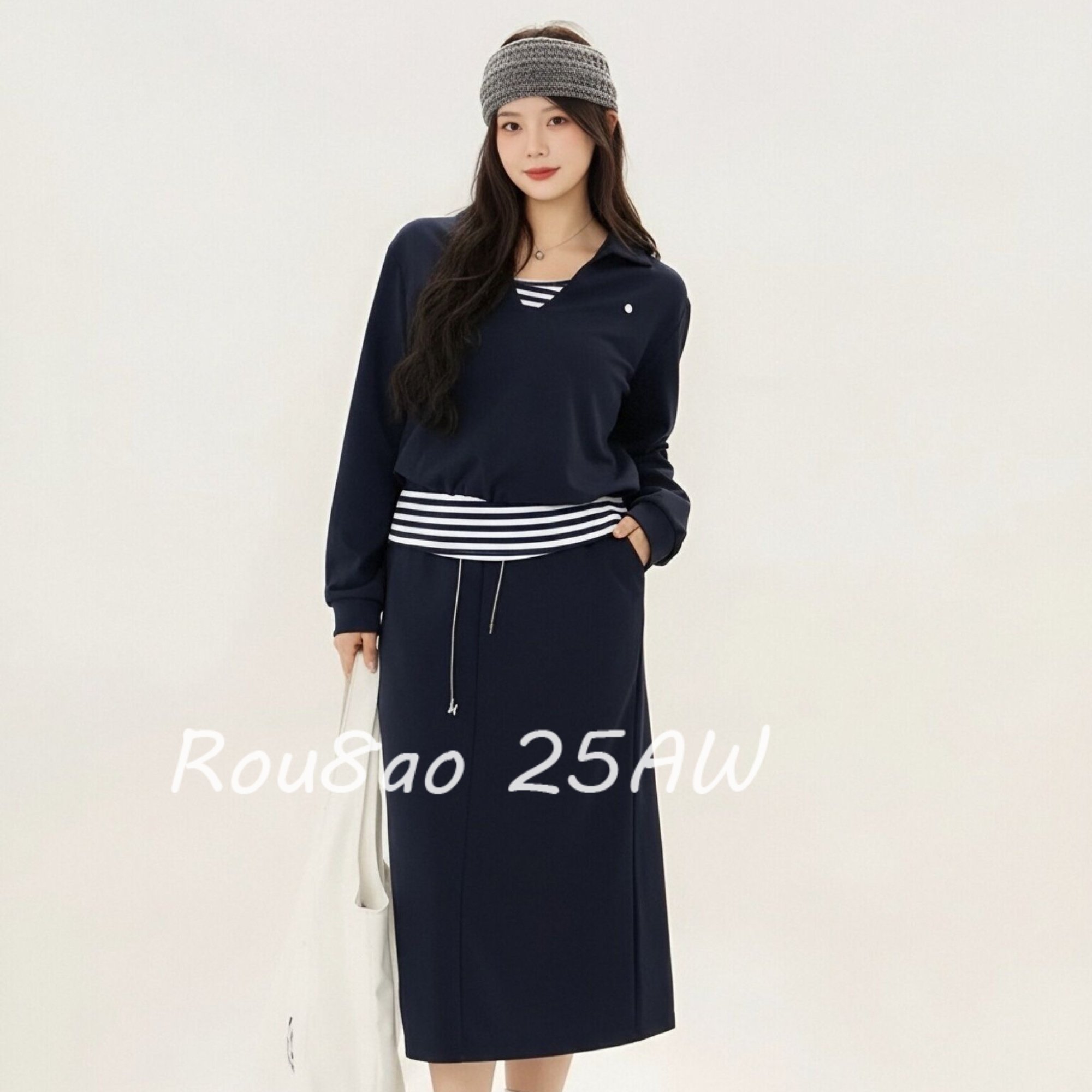 Rou8ao微胖大码女装简约风条纹背心长袖上衣抽绳A字半身裙两件套,女装/女士精品,大码套装,淘宝优惠券,粉丝福利购,淘宝优惠卷