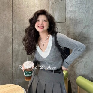 秋冬内搭上衣 韩系设计感V领假两件针织打底衫 Rou8ao微胖大码 女装