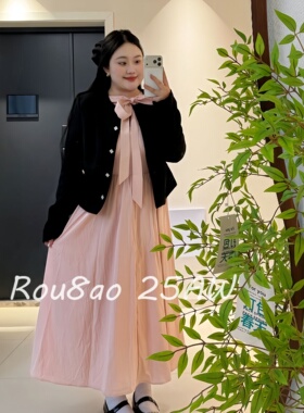 Rou8ao微胖大码女装温柔千金风小香风长袖外套气质收腰连衣裙套装