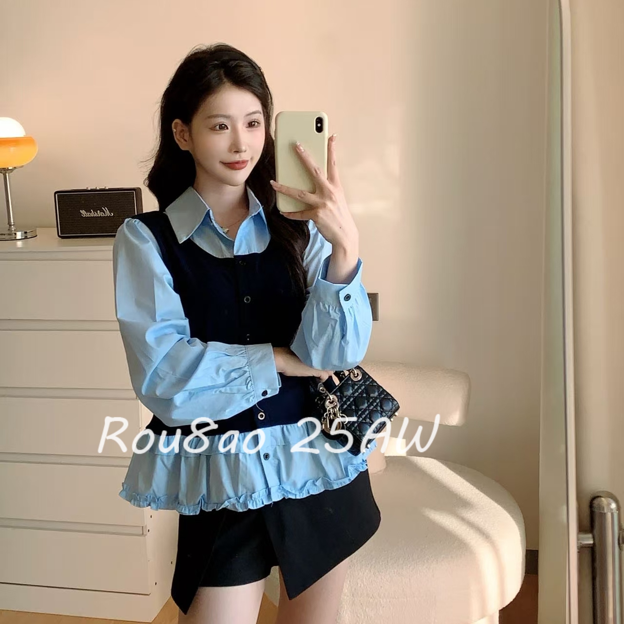 假两件衬衫设计感撞色拼接上衣