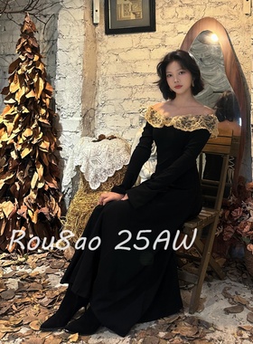 Rou8ao微胖大码女装法式轻奢宫廷风黑色连衣裙长袖蕾丝领显瘦长裙