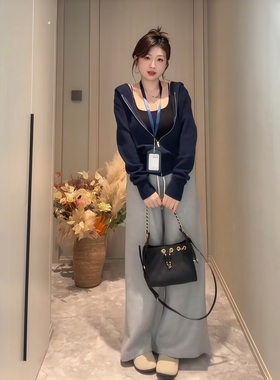 赵露思同款拉链连帽毛衣阔腿裤两件套女大码微胖MM显瘦穿搭一整套