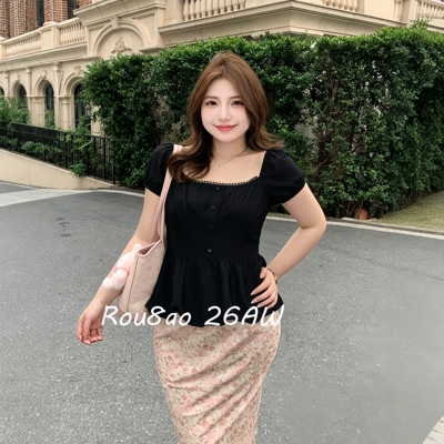 Rou8ao大码法式方领花苞显瘦衬衫