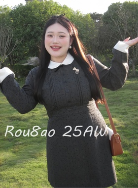 Rou8ao微胖大码女装胖mm法式千金感气质收腰显瘦毛呢波点连衣裙