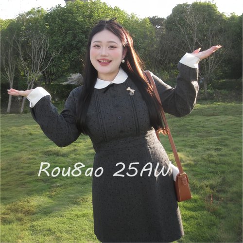 Rou8ao微胖大码女装胖mm法式千金感气质收腰显瘦毛呢波点连衣裙