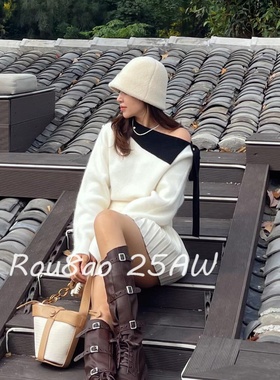 Rou8ao微胖大码女装韩系氛围感穿搭慵懒高级感白色针织毛衣上衣女