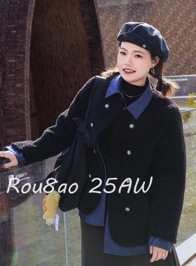Rou8ao微胖大码女装韩版假两件拼接毛呢外套秋冬新款黑色宽松大衣