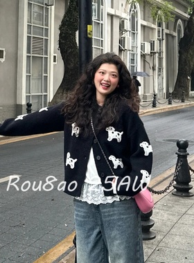 Rou8ao微胖大码女装韩系黑色圆领小狗开衫秋冬胖mm宽松显瘦针织衫