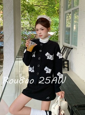 Rou8ao微胖大码女装美式复古小狗针织开衫外套黑色毛衣慵懒风上衣