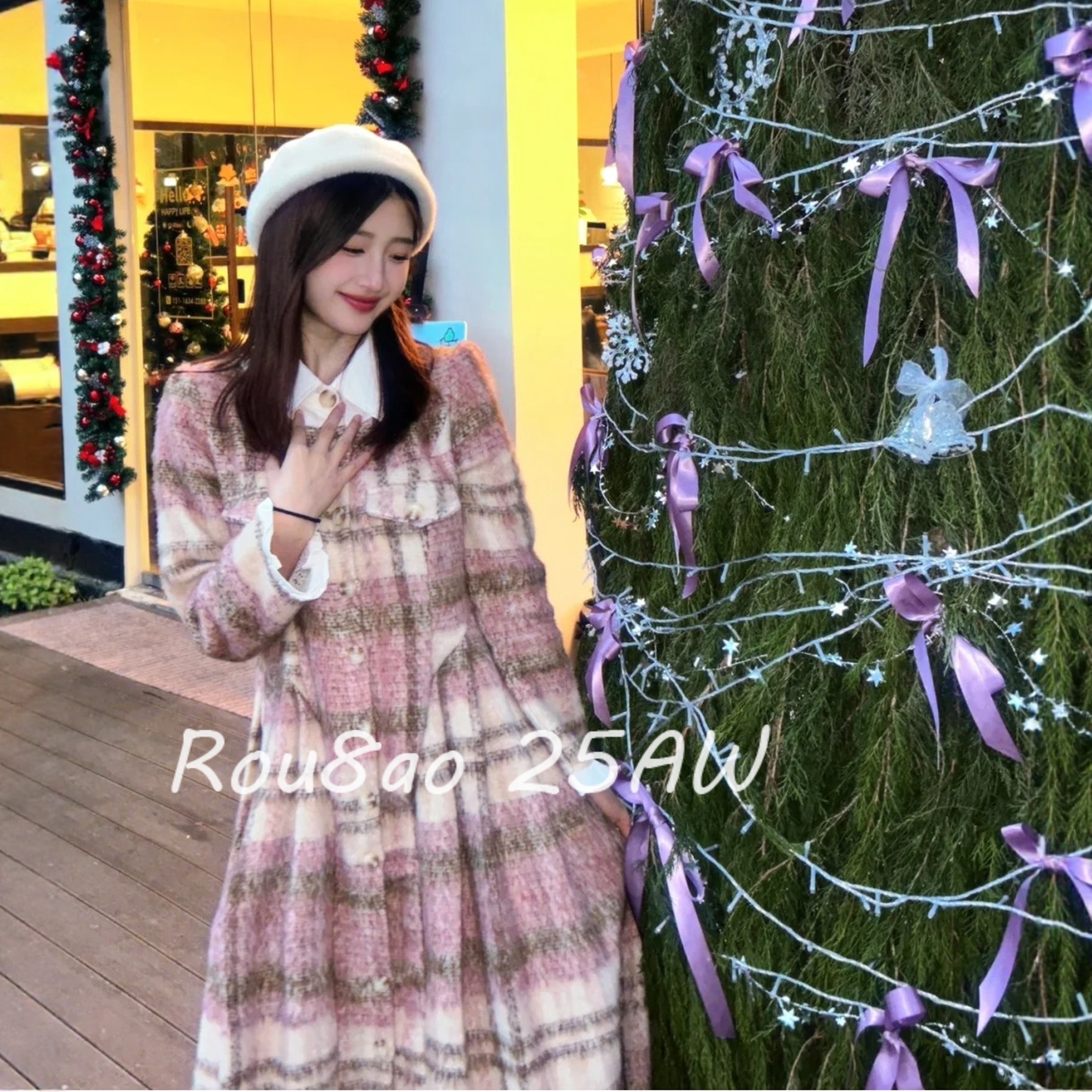 复古格纹毛呢连衣裙显瘦衬衫裙