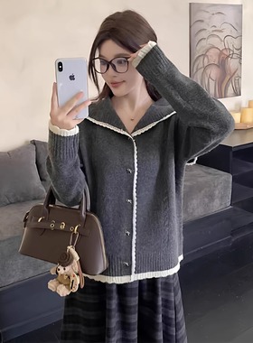 大码韩系海军领灰色针织衫半身裙两件套女秋冬微胖MM显瘦遮肉套装