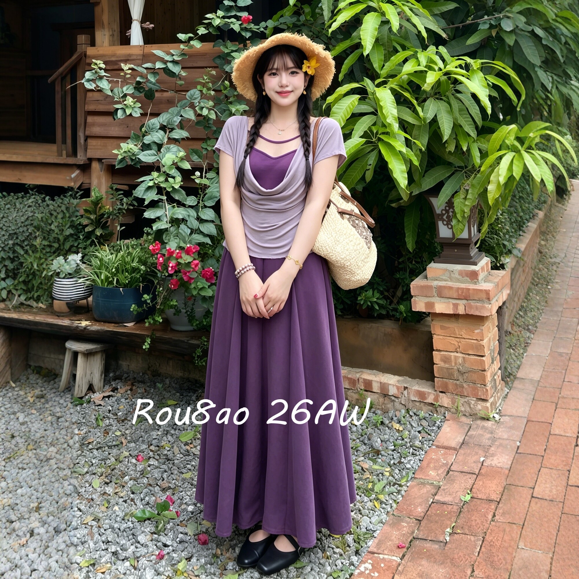 Rou8ao微胖大码女装法式荡领两件套套裙女2026夏上新显瘦气质长裙