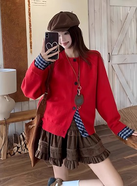 大码女装胖mm2025秋季新款格纹红色假两件毛衣外套女慵懒风宽松