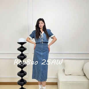 Rou8ao微胖大码女装法式假两件牛仔连衣裙夏季胖mm显瘦遮肚a字裙