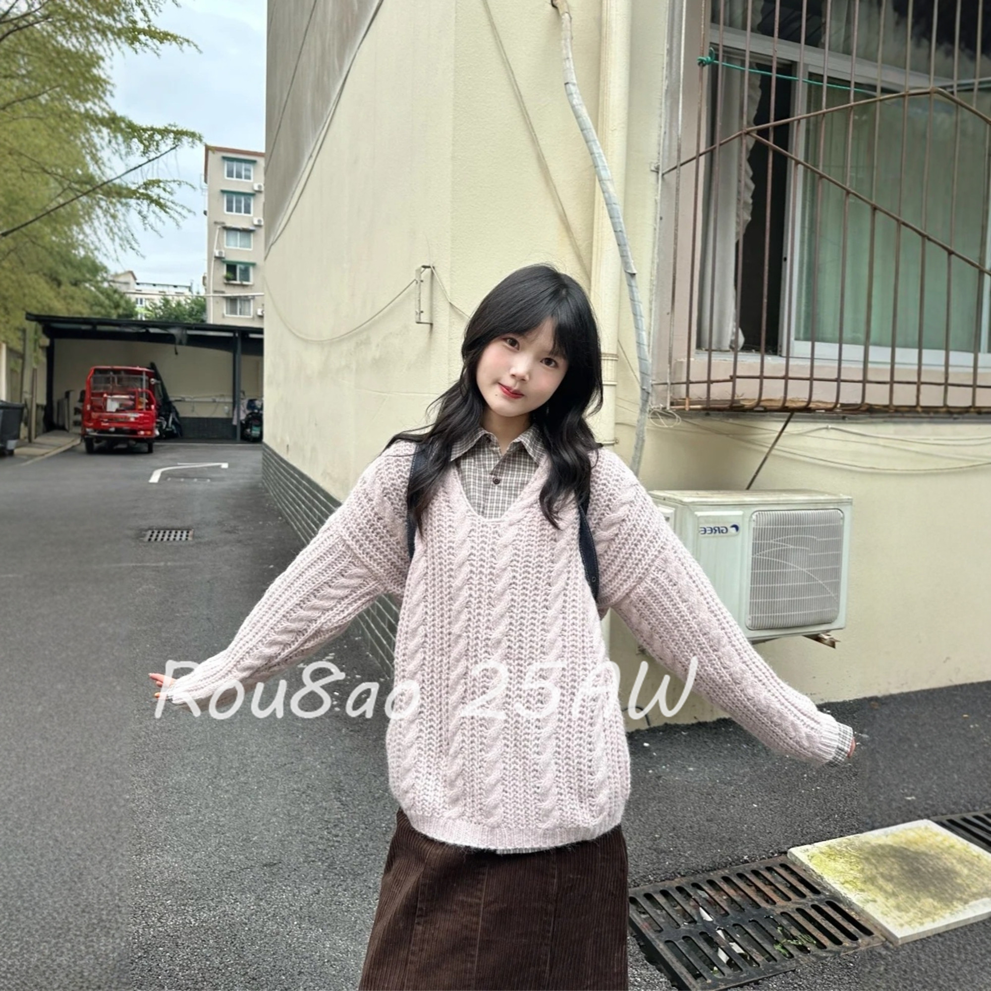 Rou8ao微胖大码女装韩版温柔风V领麻花毛衣衬衫半身裙三件套装女