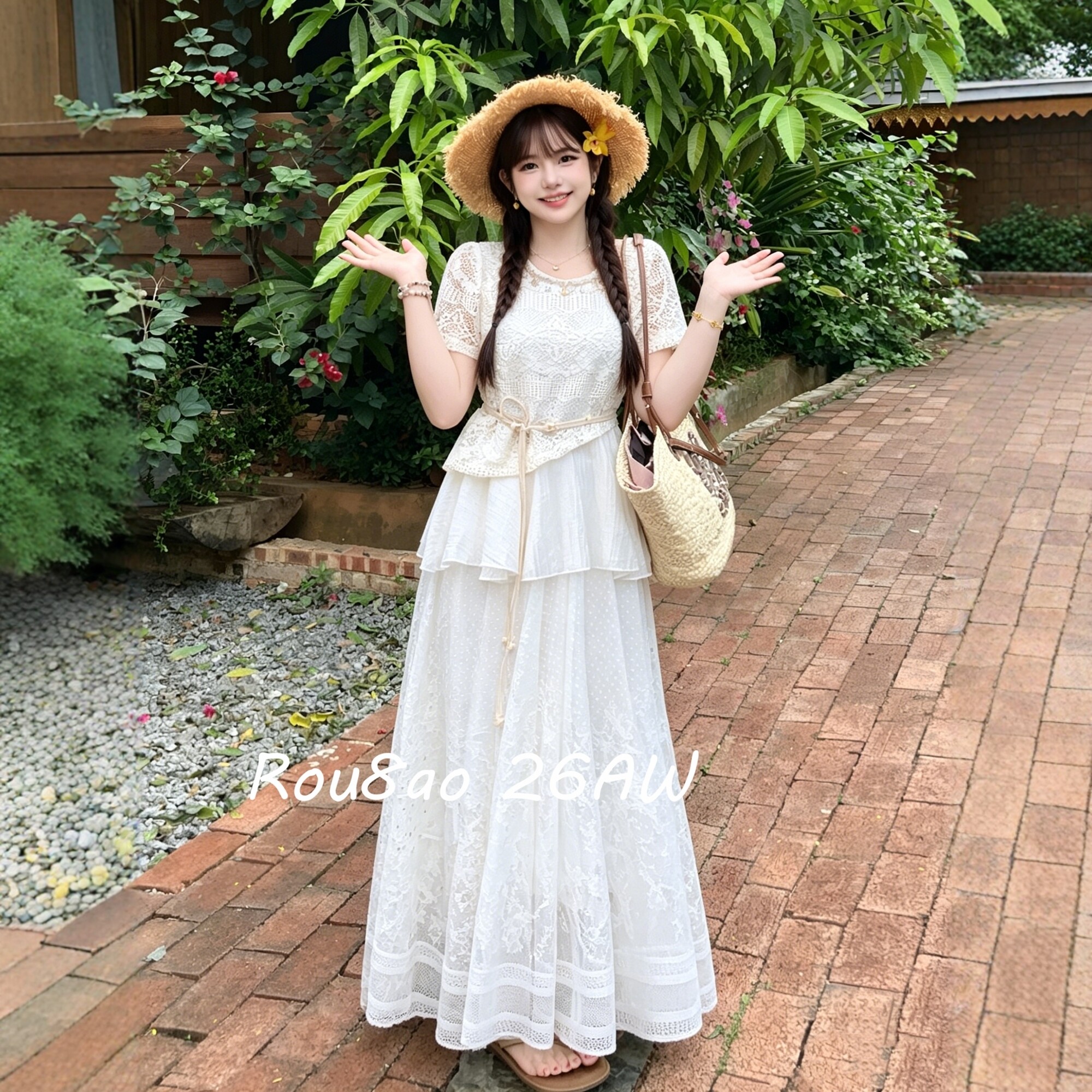 Rou8ao微胖大码女装度假风镂空针织罩衫+半身裙夏上新时尚两件套