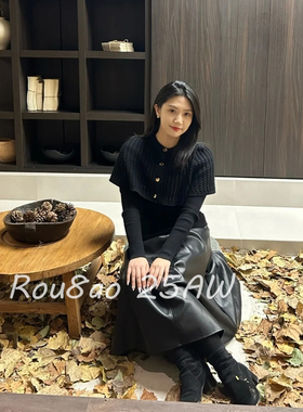 Rou8ao微胖大码女装秋冬轻熟风套装针织上衣+黑色半身裙两件套装