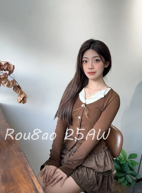 Rou8ao微胖大码女装甜美减龄假两件撞色针织开衫长袖显瘦内搭上衣