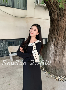 Rou8ao微胖大码女装法式气质波点飘带领黑色连衣裙显瘦长裙高级感