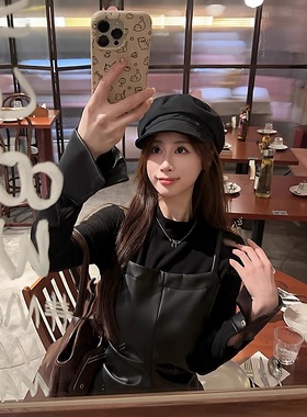 大码微胖MM女装秋季高级感黑色拼接pu皮假两件遮肉巨腰显瘦连衣裙