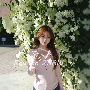 Rou8ao微胖大码女装韩式翻领纽扣针织衫女修身显瘦温柔内搭上衣