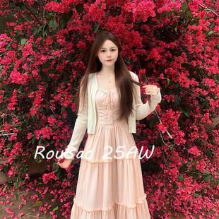 蕾丝拼接吊带连衣裙温柔气质开衫 法式 两件套 女装 Rou8ao微胖大码