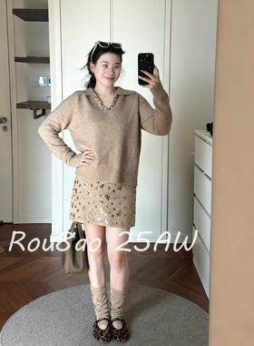 Rou8ao微胖大码女装法式轻熟时尚V领宽松毛衣亮片半身裙两件套