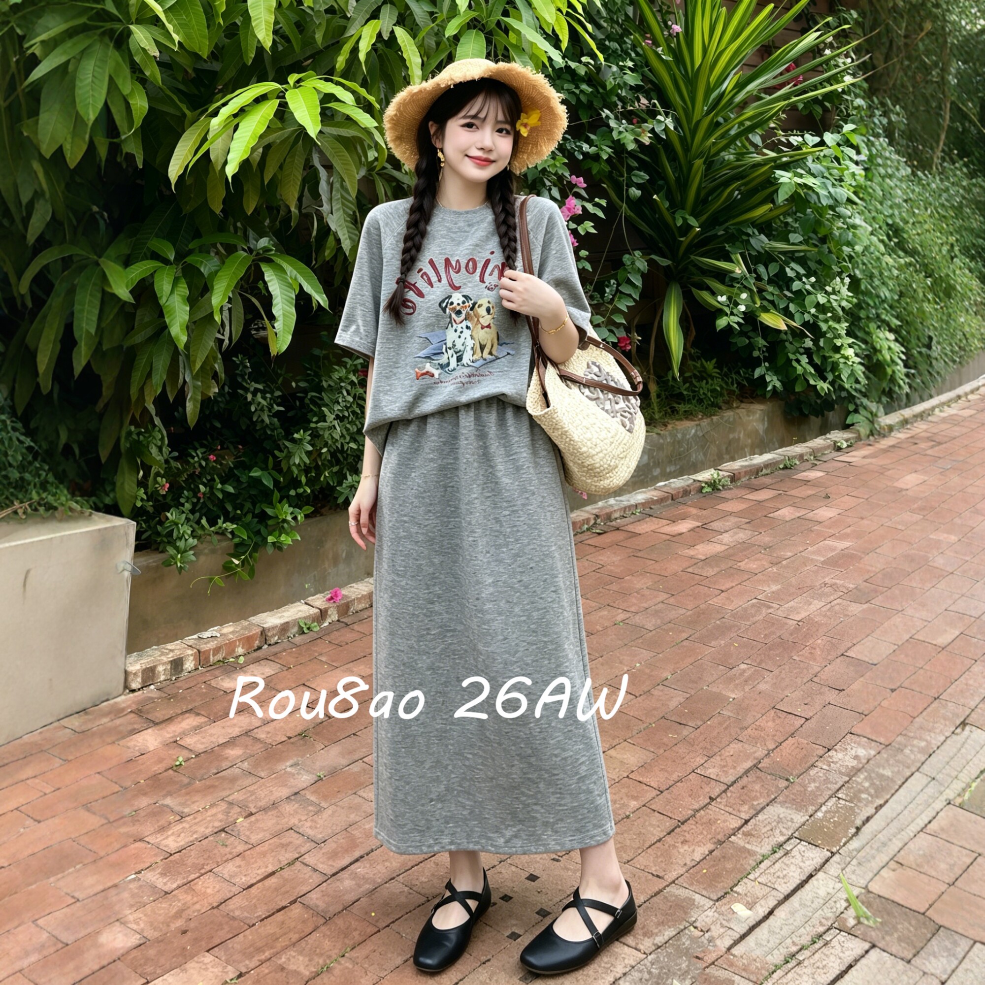 Rou8ao微胖大码女装休闲风灰色套裙卡通印花T恤两件套显瘦夏上新