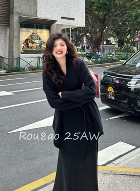 Rou8ao微胖大码女装韩系设计感黑色翻领针织开衫上衣女秋冬季外套