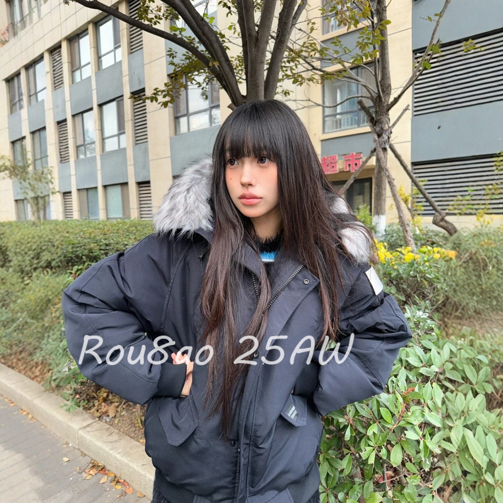 Rou8ao微胖大码女装美式毛领派克服女冬季保暖棉服外套宽松棉衣