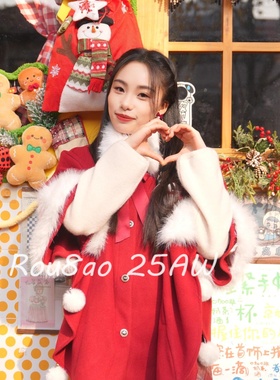 Rou8ao微胖大码女装千金风复古红色斗篷外套女冬圣诞新年穿搭战袍
