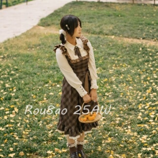 Rou8ao微胖大码女装法式学院风格纹假两件连衣裙女2026春显瘦长裙