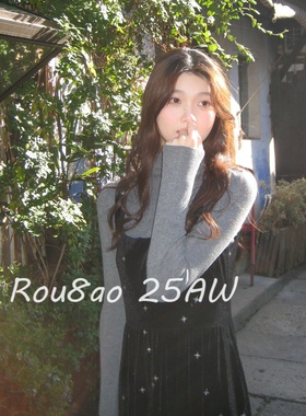 Rou8ao微胖大码女装气质温柔星星黑色背带裙显瘦细闪长款丝绒套装