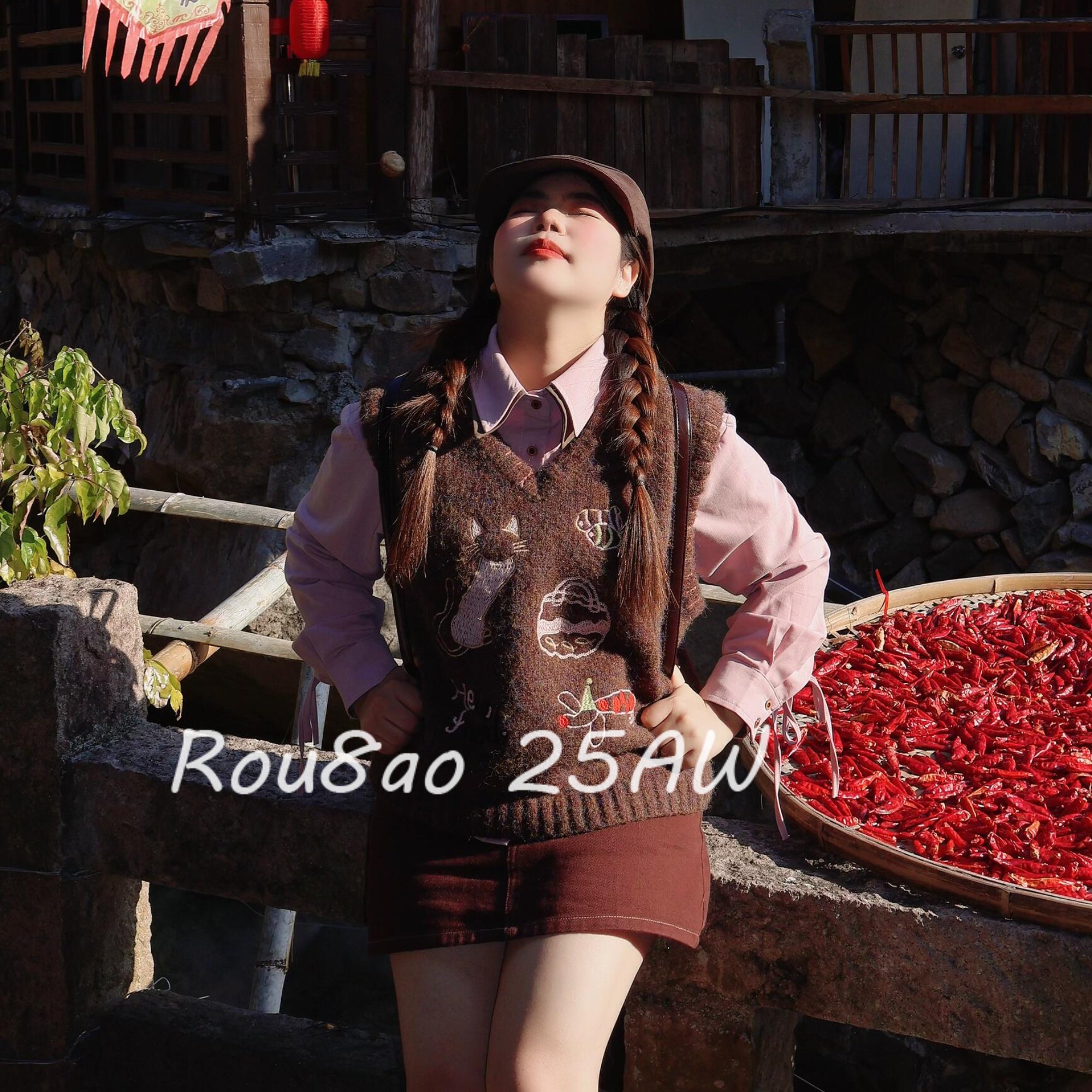 Rou8ao微胖大码女装法式复古穿搭学院风针织马甲衬衫半身裙三件套