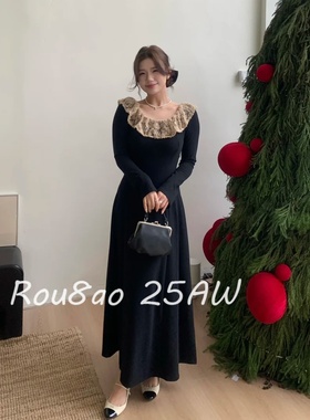 Rou8ao微胖大码女装法式轻奢宫廷风黑色连衣裙女长袖蕾丝领显瘦裙