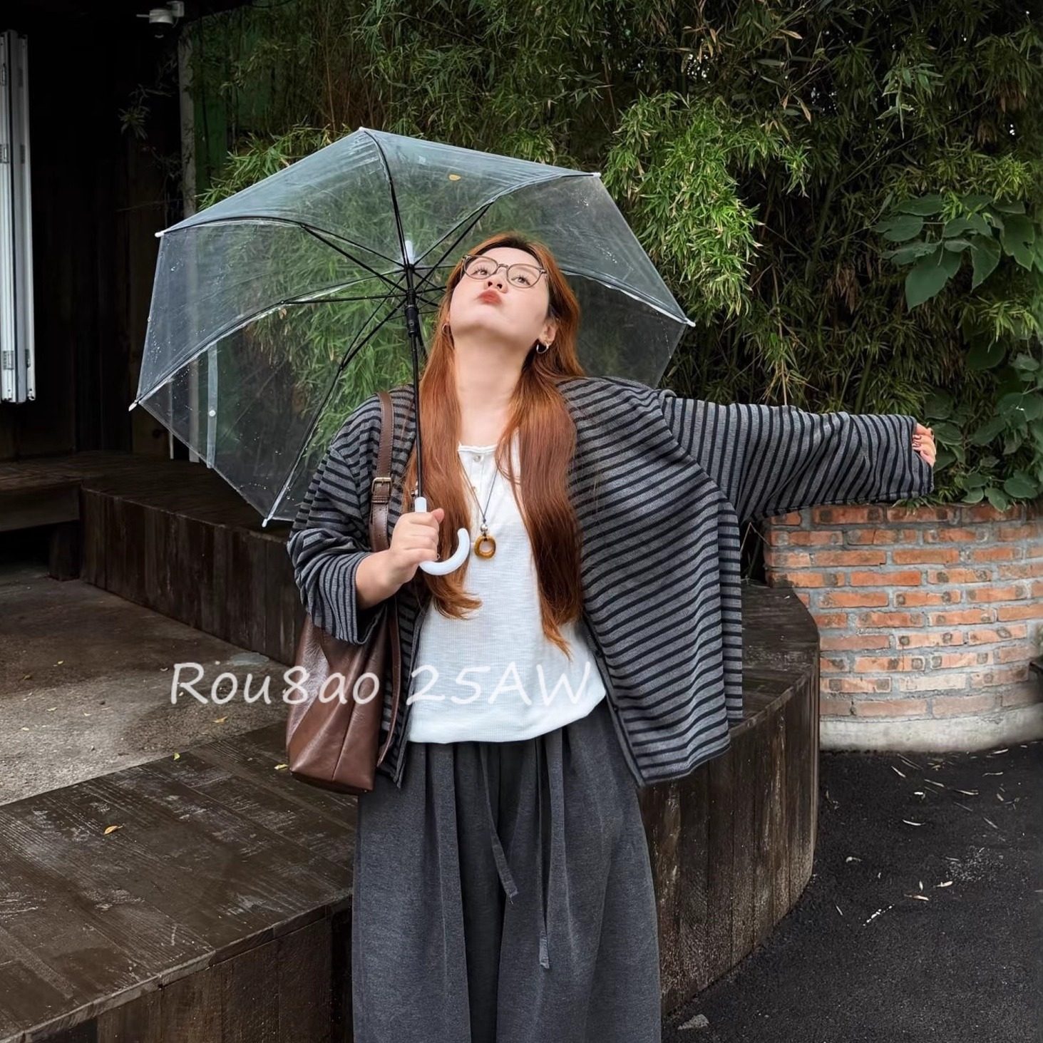 Rou8ao微胖大码女装韩系慵懒风条纹针织罩衫背心休闲裤三件套套装