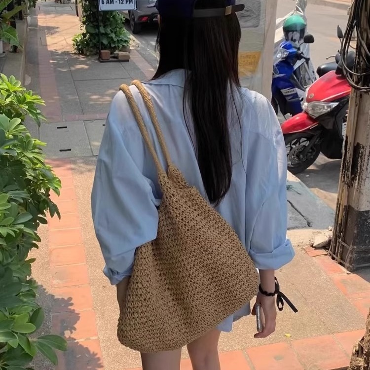 度假草编包包女ins百搭慵懒风大容量单肩包手提包通勤沙滩编织包