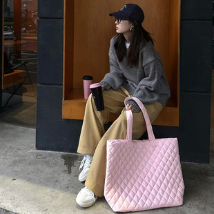 大学生上课通勤大容量托特包菱格绣花超大电脑包外出购物单肩包