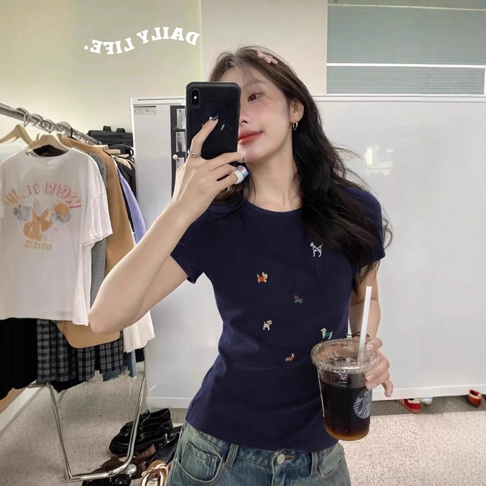 韩式正肩短袖T恤女夏季2025年新款短款修身显瘦藏蓝色上衣女批发