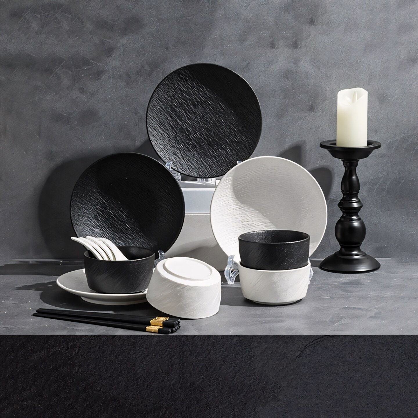 轻奢陶瓷碗盘家用黑白石纹餐具套装现代简约网红碗碟乔迁礼盒瓷器