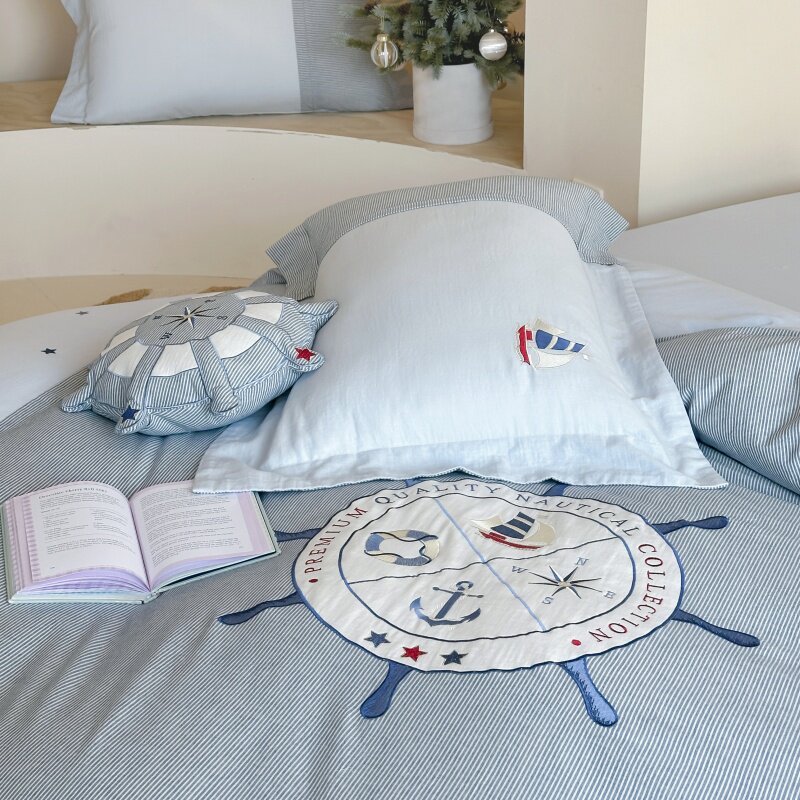 英伦全棉双层纱三四件套男孩英伦刺绣纯棉青少年被套床上用品蓝色