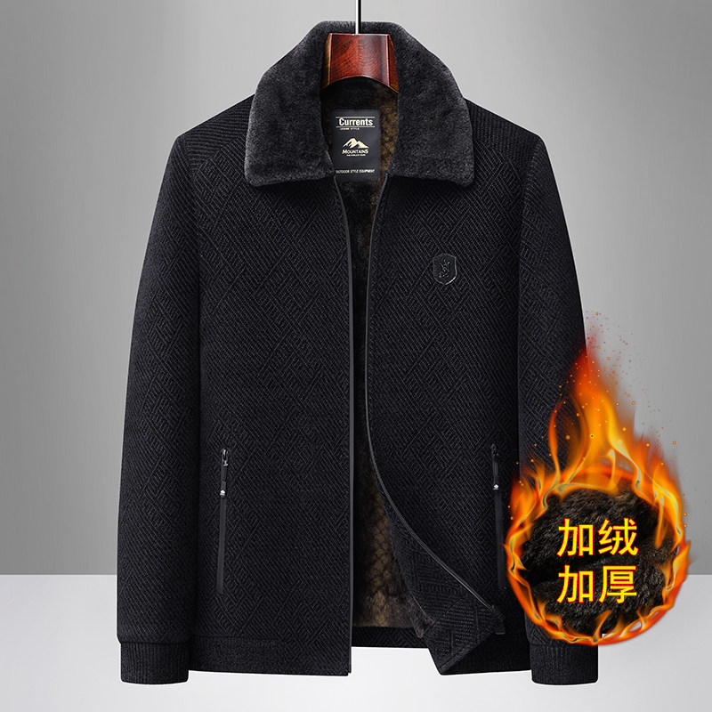秋冬加绒加厚翻领棉服男商务休闲保暖外套爸爸装宽松毛领呢子棉衣