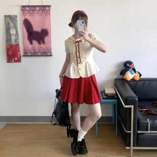 女 法式 衬衫 时尚 红色高腰百褶短裙两件套 学院风奶杏色娃娃领短袖