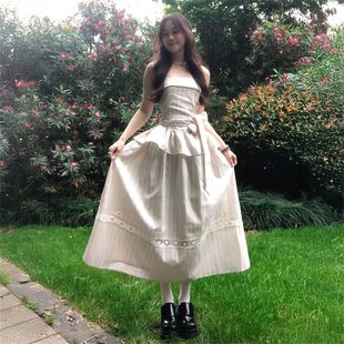 法式 假两件设计系带收腰过膝长裙 甜美少女条纹无袖 抹胸连衣裙夏季