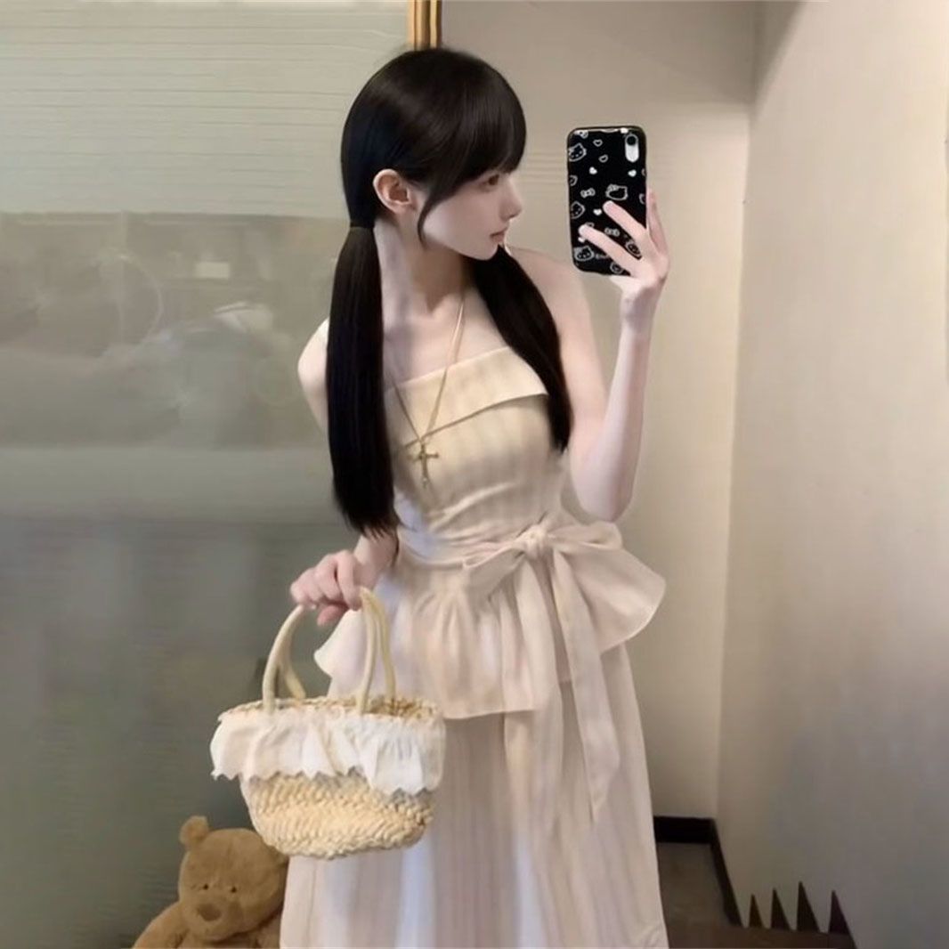 法式气质小个子条纹抹胸吊带连衣裙女学生夏季假两件拼接收腰长裙