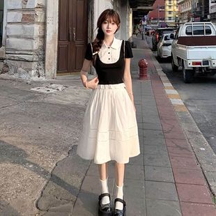 两件套装 白色半身裙 韩系ins风气质假两件花边拼接短款 上衣女学生