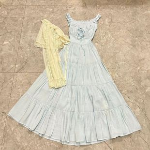 女学生 法式 海边度假风后背镂空绑带设计连衣裙搭配薄款 防嗮衫 套装