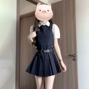两件套韩系气质学院风百褶高腰背心连衣裙女学生搭配打底衬衫 夏季